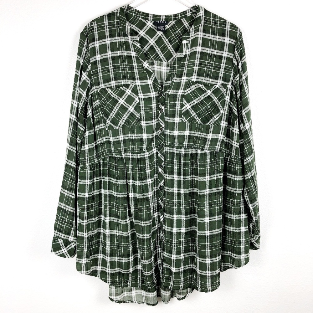 Torrid Green Plaid Peplum Button-Front Top